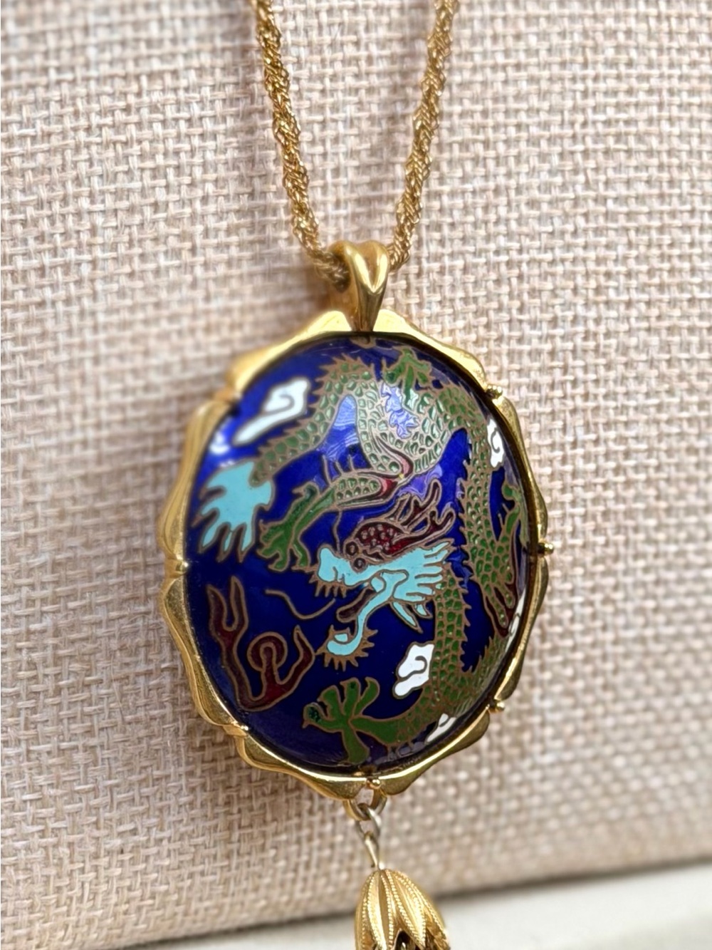 Givenchy RARE Gold-Tone Blue Dragon Enamel Pendant Necklace Cloisonné - Picture 2 of 5